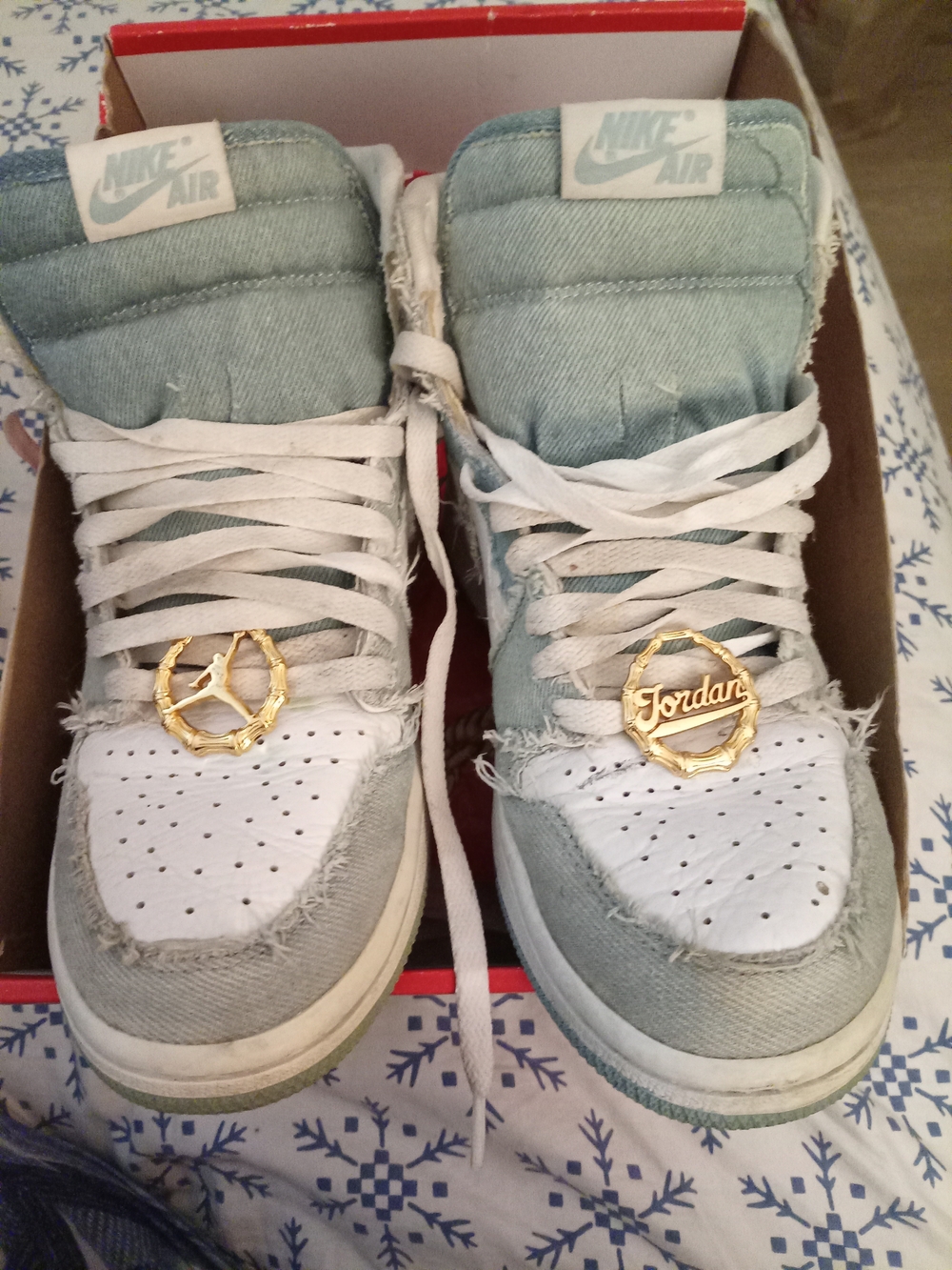 Nike Air Jordan Women's Light Blue and White High-Top Sneakers